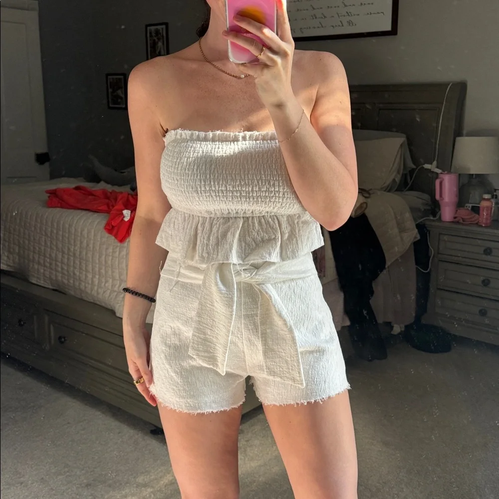 White Strapless Ruffle Two Piece Set - Picture 1 of 2